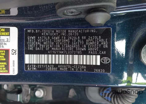 2020 Toyota Camry Se из США, поврежденный, VIN 4T1G11AK7LU372185